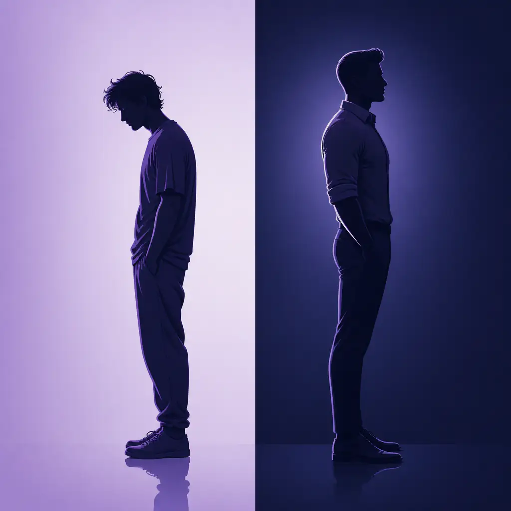 Illustration comparing optimized versus unoptimized male physical presence to explain how to mog