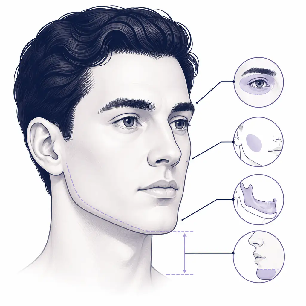 Anatomical diagram of male facial features relevant to aesthetics and looksmaxxing