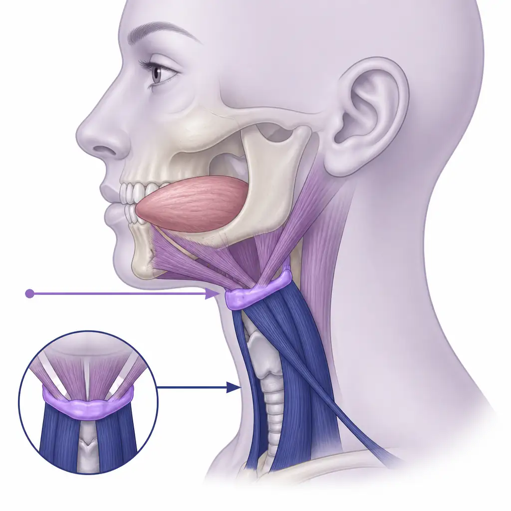 Anatomical diagram showing hyoid bone position in the neck and surrounding muscles