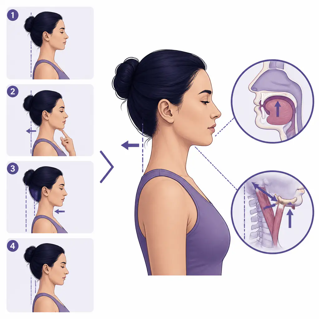 Diagram demonstrating chin tuck exercise for hyoid bone elevation