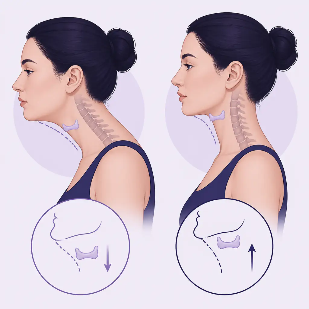 Side-by-side comparison of hyoid bone position with forward head posture versus neutral posture