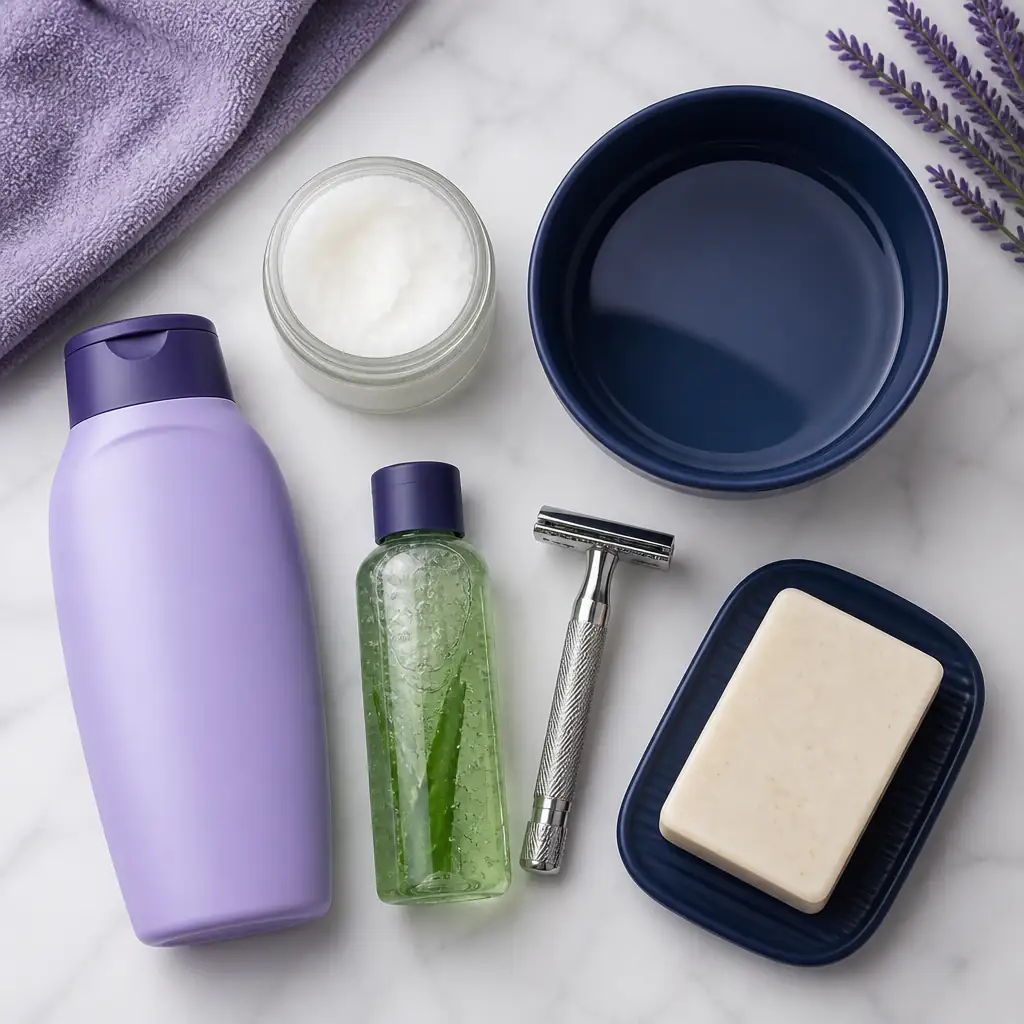 Common substitutes for shaving without shaving cream arranged on a bathroom counter
