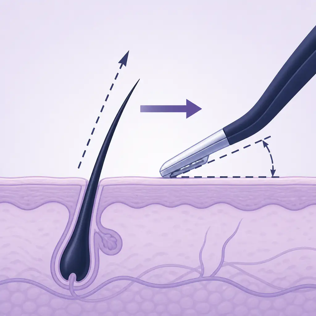 Diagram showing correct razor angle and shaving direction relative to hair follicle growth
