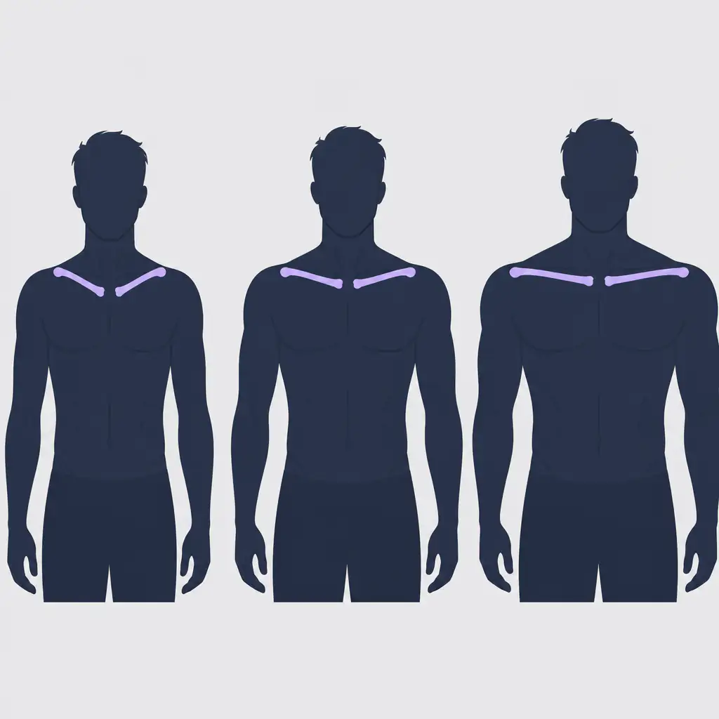 Comparison of narrow, average, and wide clavicle width in male torso silhouettes