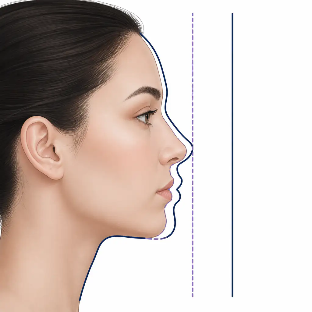 Side profile diagram comparing normal and recessed maxilla facial structure