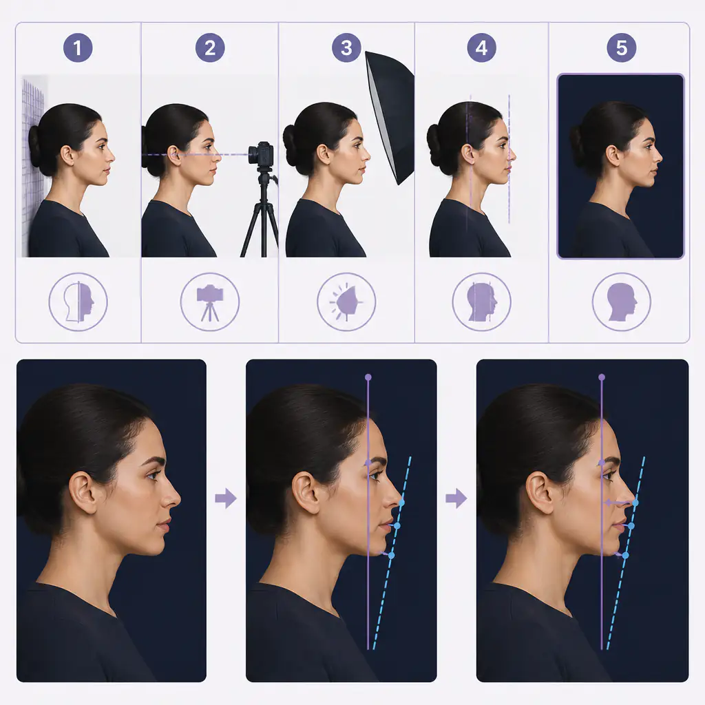 Illustrated guide showing how to assess maxilla projection using lateral facial photo reference lines