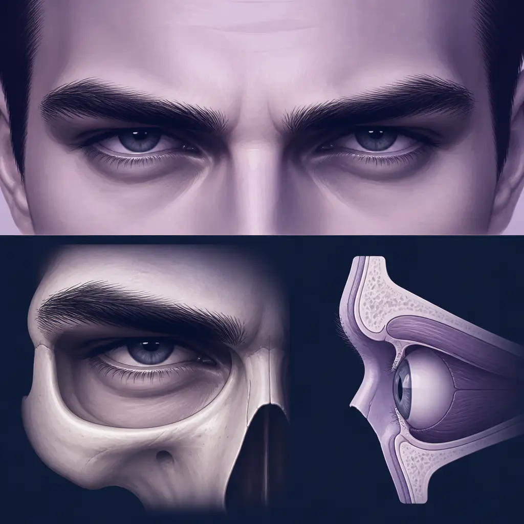 Hunter eyes illustration showing deep-set orbits and low upper eyelid exposure