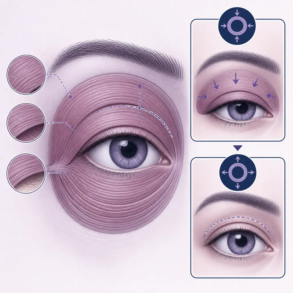 Orbicularis oculi muscle diagram showing its role in upper eyelid hooding and hunter eye appearance