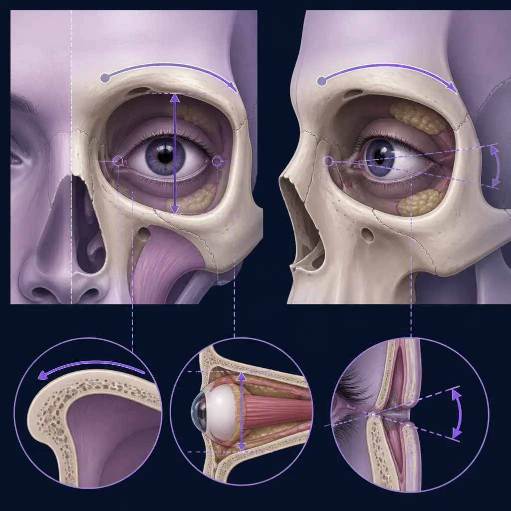 Anatomical diagram of orbital structure showing canthal tilt and orbital depth