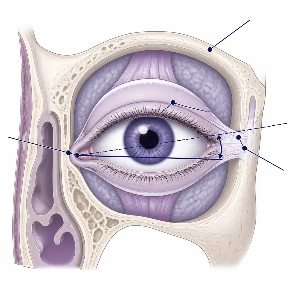 Anatomy diagram of the eye socket showing orbital rim, canthal tilt, and lateral canthal tendon