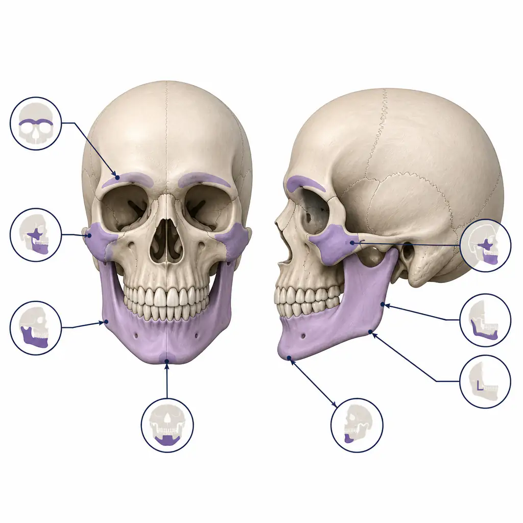 Anatomical diagram of masculine facial bone structures including jawline and brow ridge
