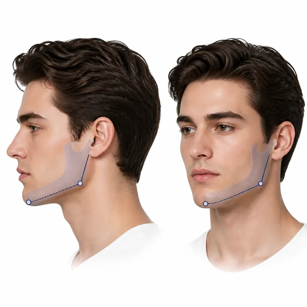Jaw filler before and after men: facial anatomy diagram showing key injection zones along the male jawline