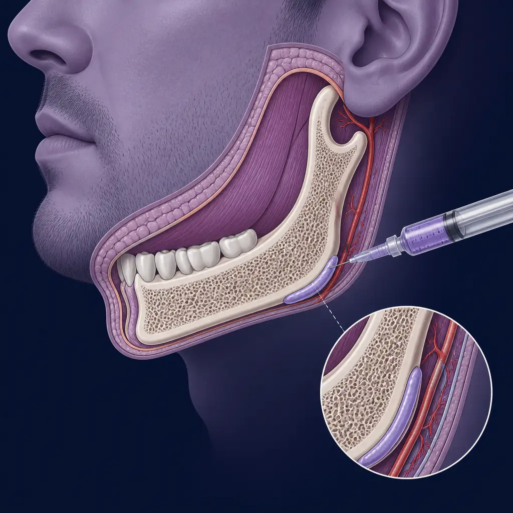 Cross-section diagram showing jaw filler injection technique at the periosteal level near the mandibular angle
