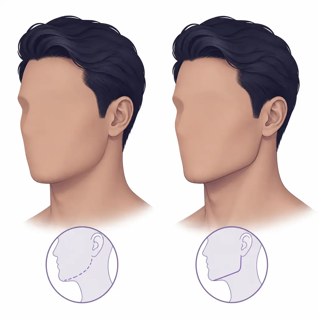 Before and after jaw filler illustration for men showing improved jaw angle definition and lower face structure