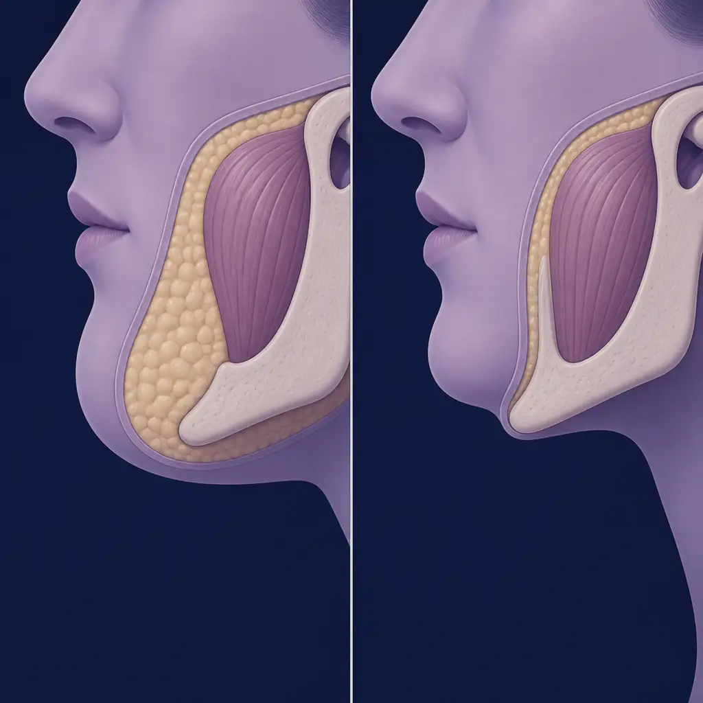 Diagram showing how body fat reduction reveals jaw definition