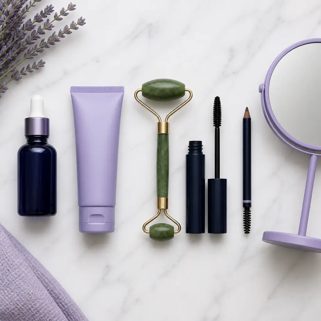 Skincare and beauty tools used in looksmaxxing for women laid out on marble surface