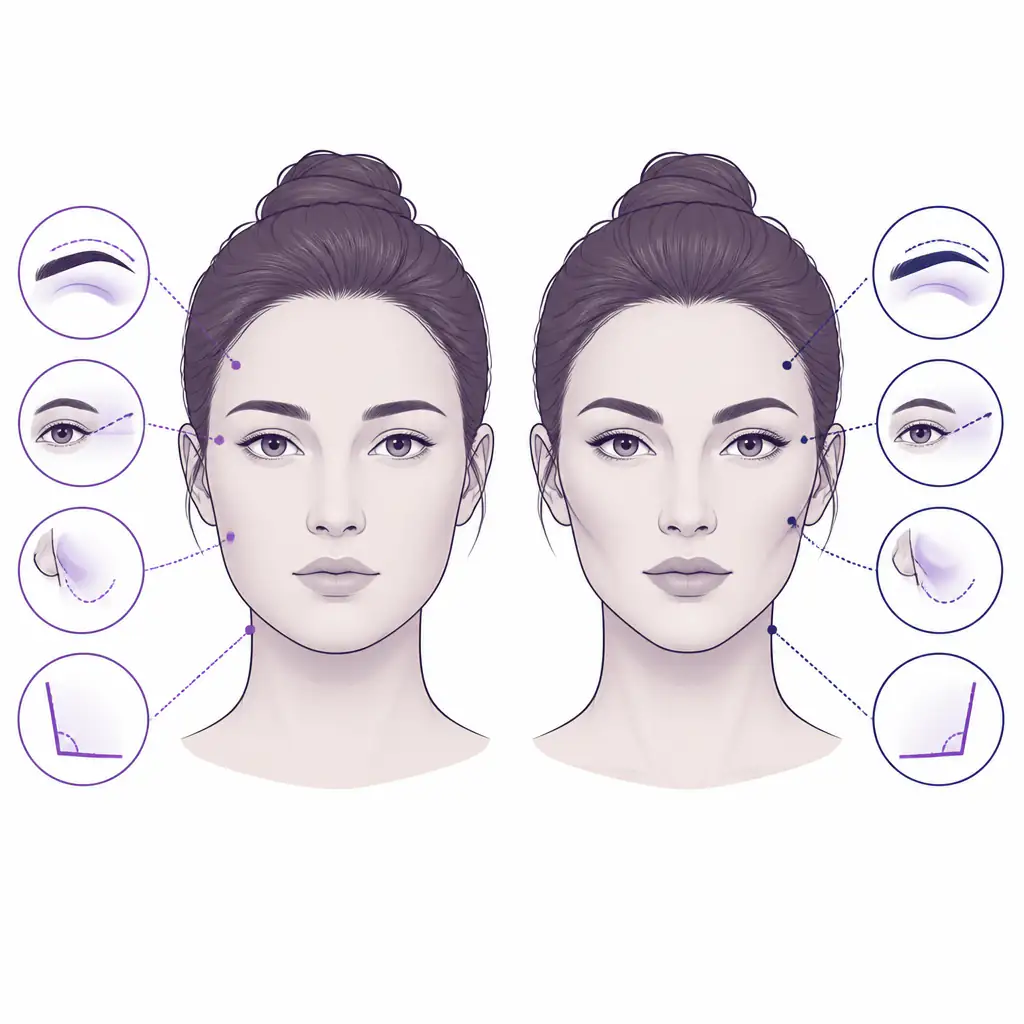 Diagram comparing facial features relevant to female looksmaxxing including jawline and malar definition