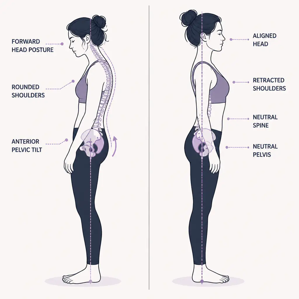 Posture correction diagram for women showing forward head posture and anterior pelvic tilt fixes