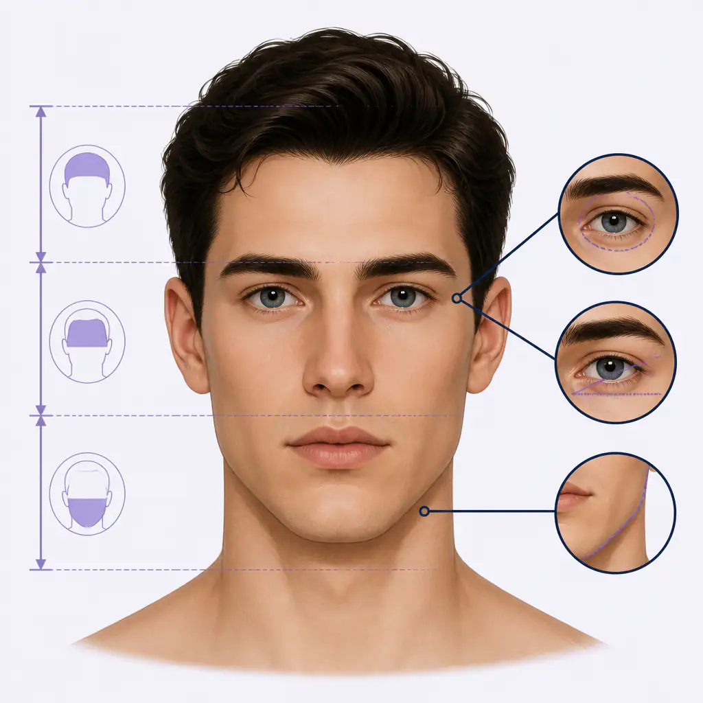 Looksmaxxing scale facial thirds diagram showing key attractiveness traits