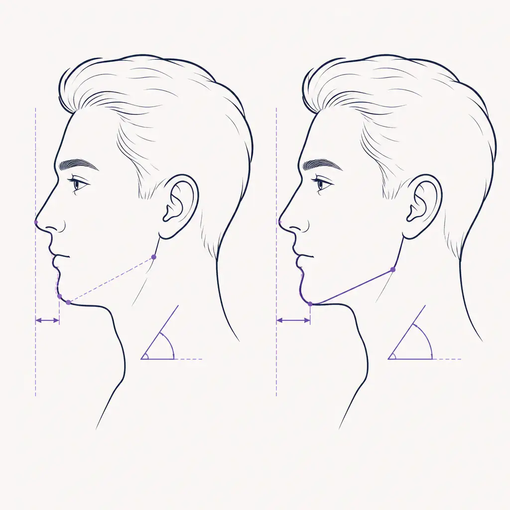 Looksmax chart comparison of jaw projection and chin definition in male facial profiles