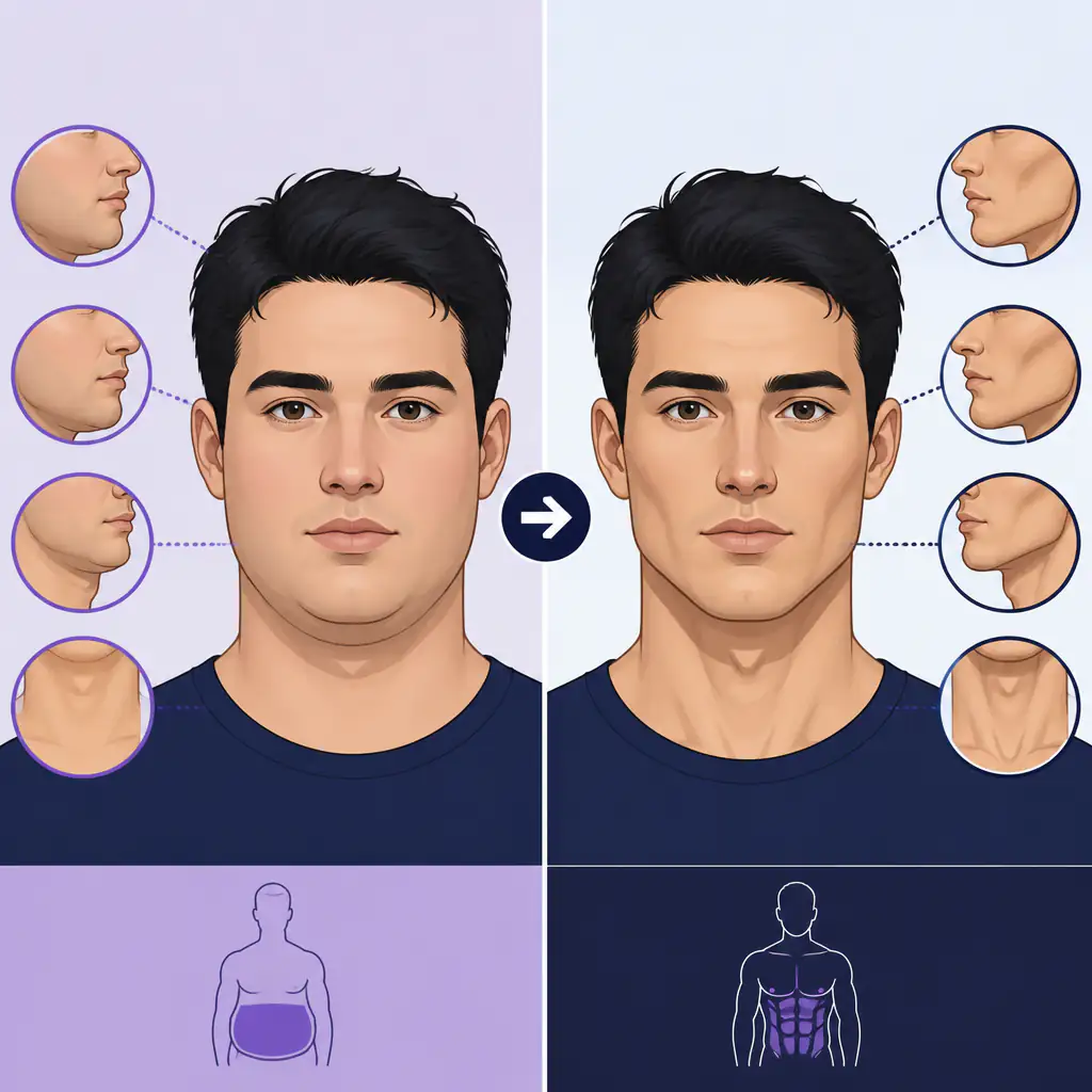 Looksmaxxing before and after concept showing facial definition changes with body fat reduction