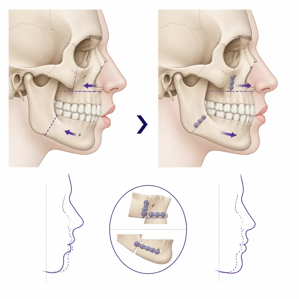 Bimax before and after skull diagram showing jaw repositioning in bimaxillary osteotomy