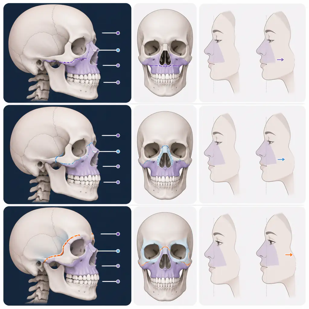 Le Fort I Le Fort II osteotomy comparison diagram showing cut levels and facial changes