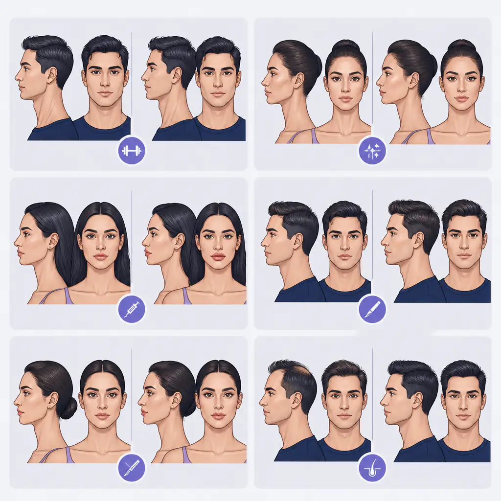 Before and after transformation comparison grid showing facial changes from different looksmaxxing methods