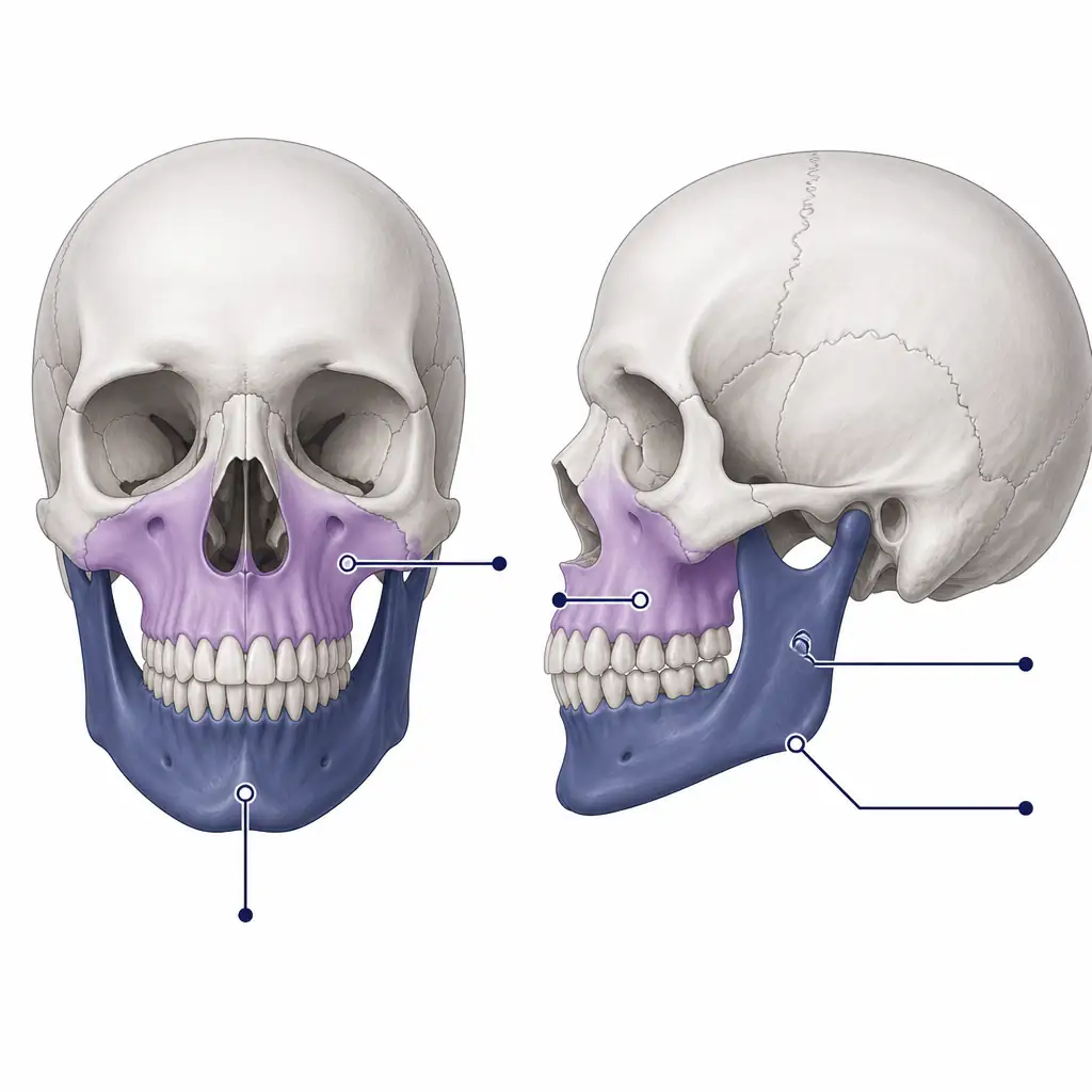 Mandible vs maxilla anatomical diagram showing both jaw bones on a human skull