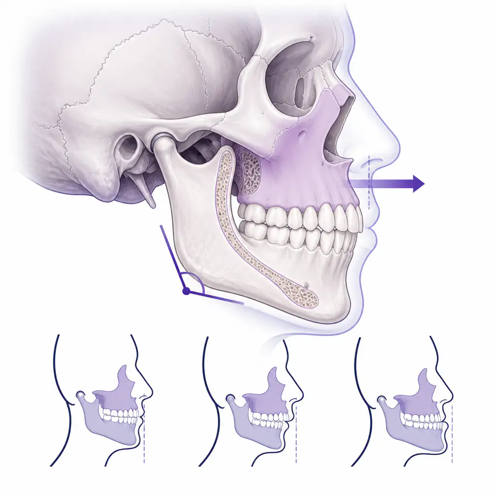 Side profile skull diagram comparing skeletal jaw classes and maxilla projection