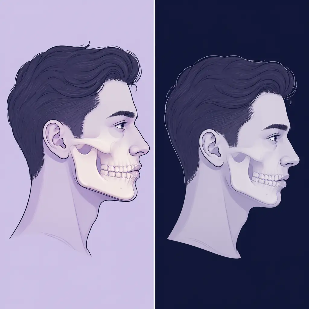 Comparison illustration of strong vs underdeveloped mandible and maxilla in facial profile