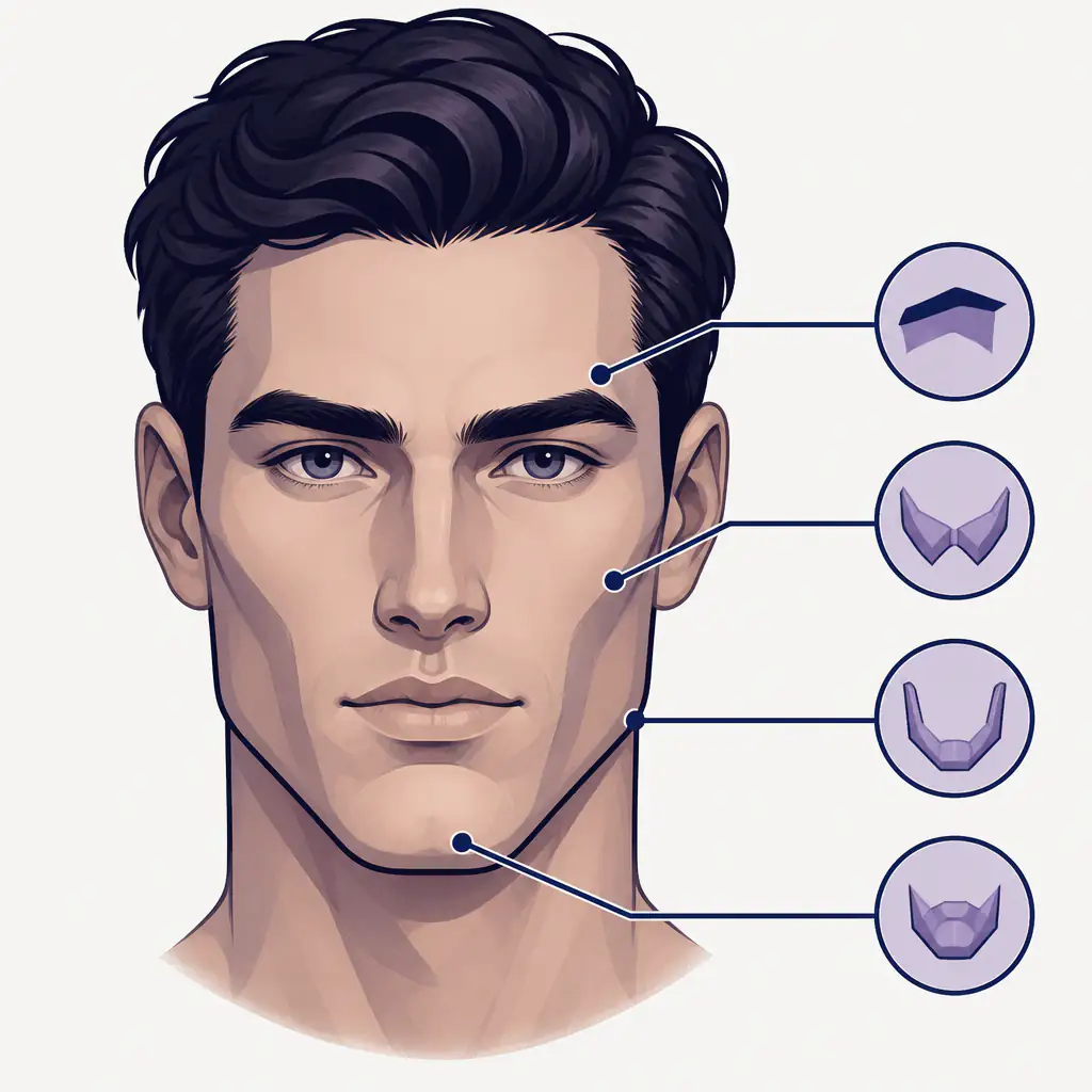 Diagram of key features defining a masculine face shape