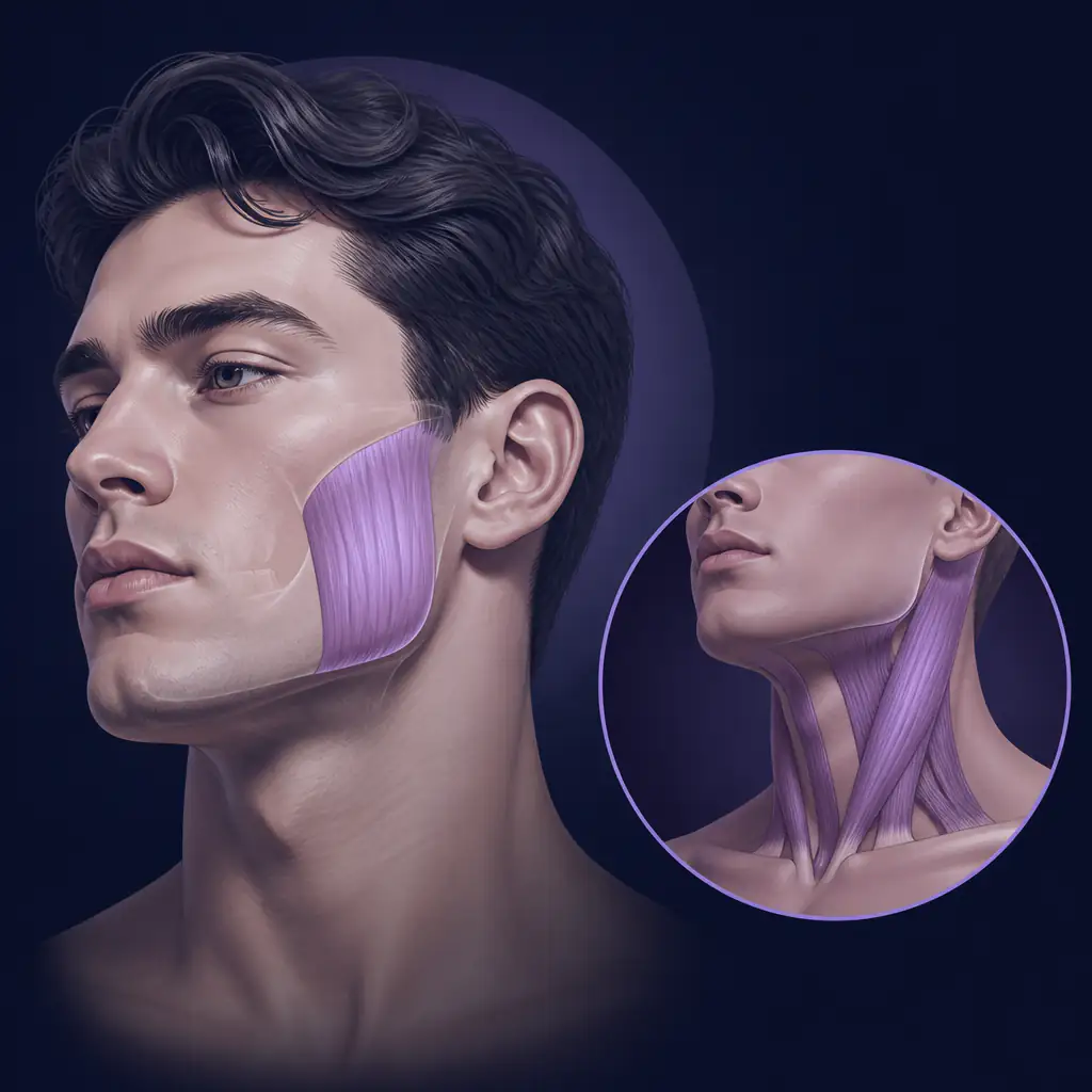 Illustration of masseter muscle and neck anatomy contributing to masculine jaw definition