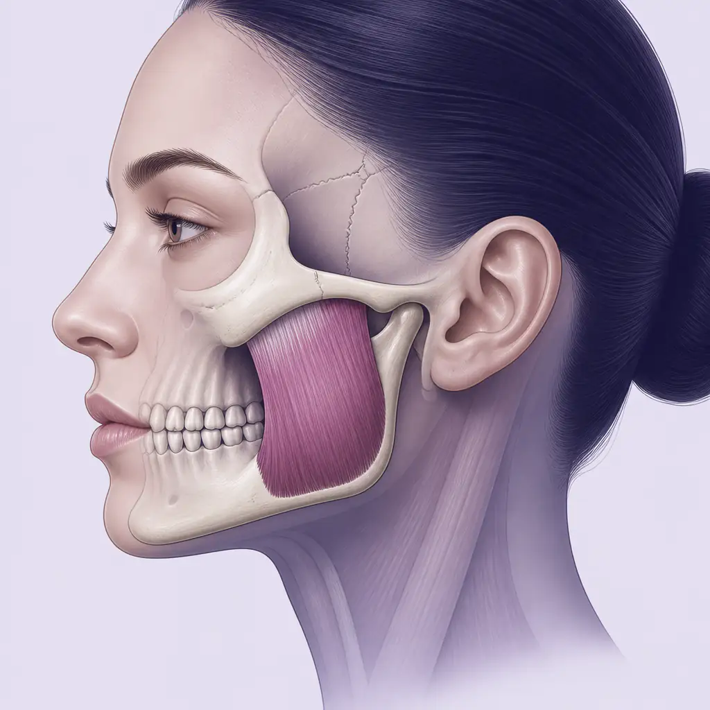 Anatomical illustration showing masseter muscle location for jaw training