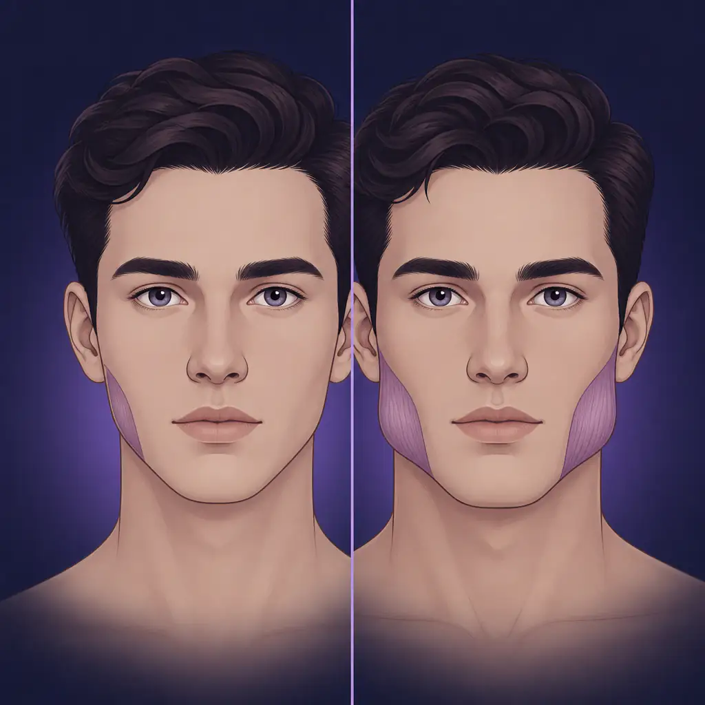 Masseter training before and after illustration showing jaw muscle development