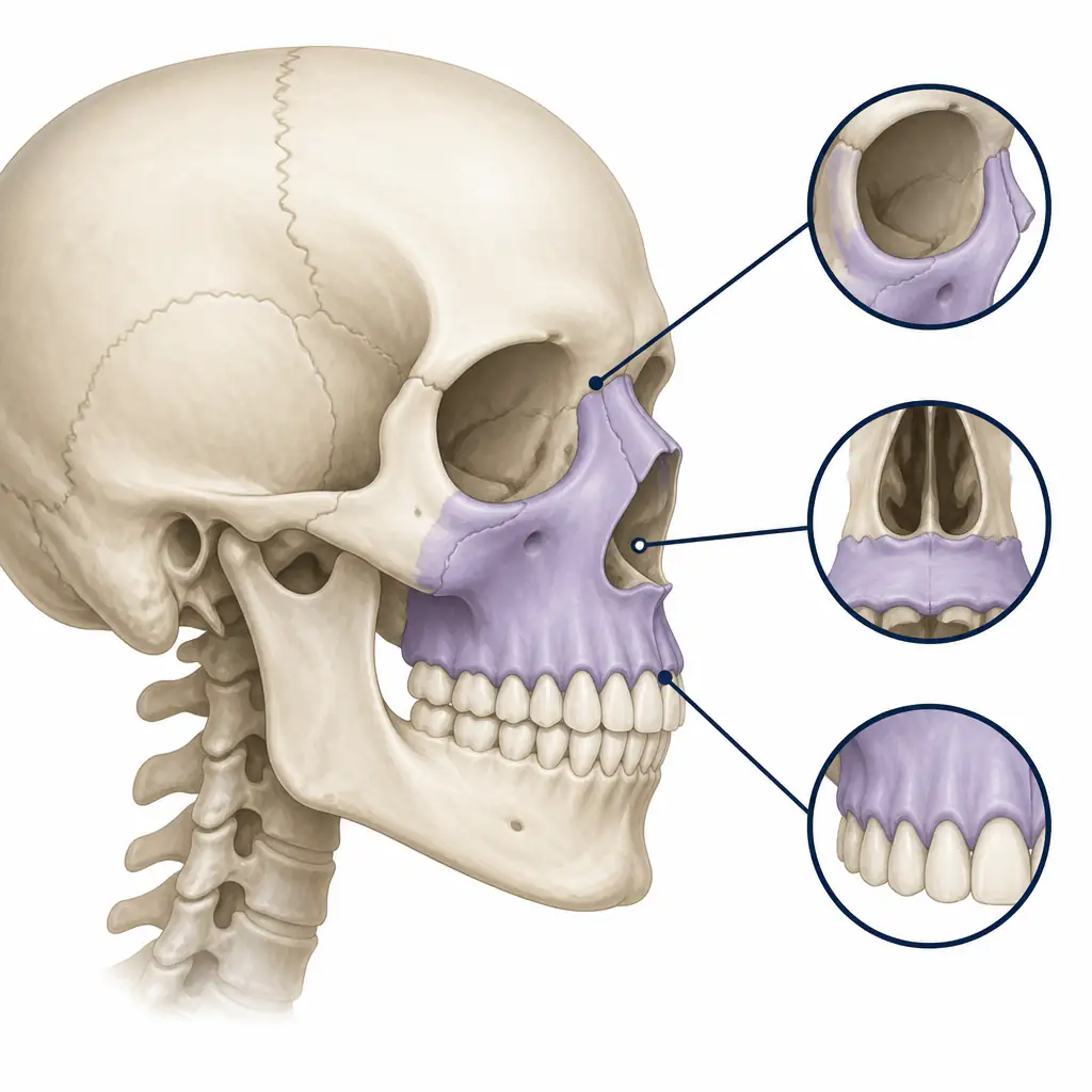 Anatomical diagram of the maxilla bone in the human skull showing its position and connections