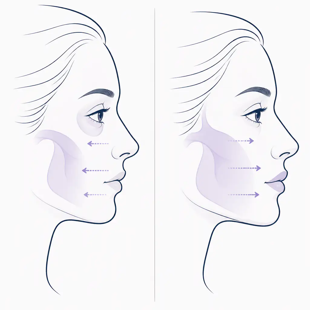 Side-by-side profile comparison of a flat recessed maxilla versus a well-projected maxilla