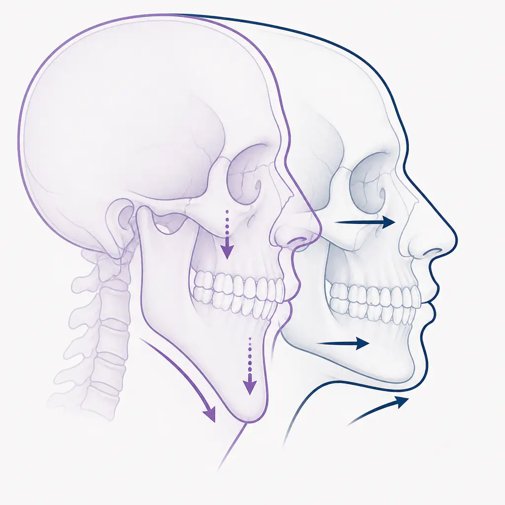 Diagram comparing downward growth versus forward growth facial development patterns affecting the maxilla