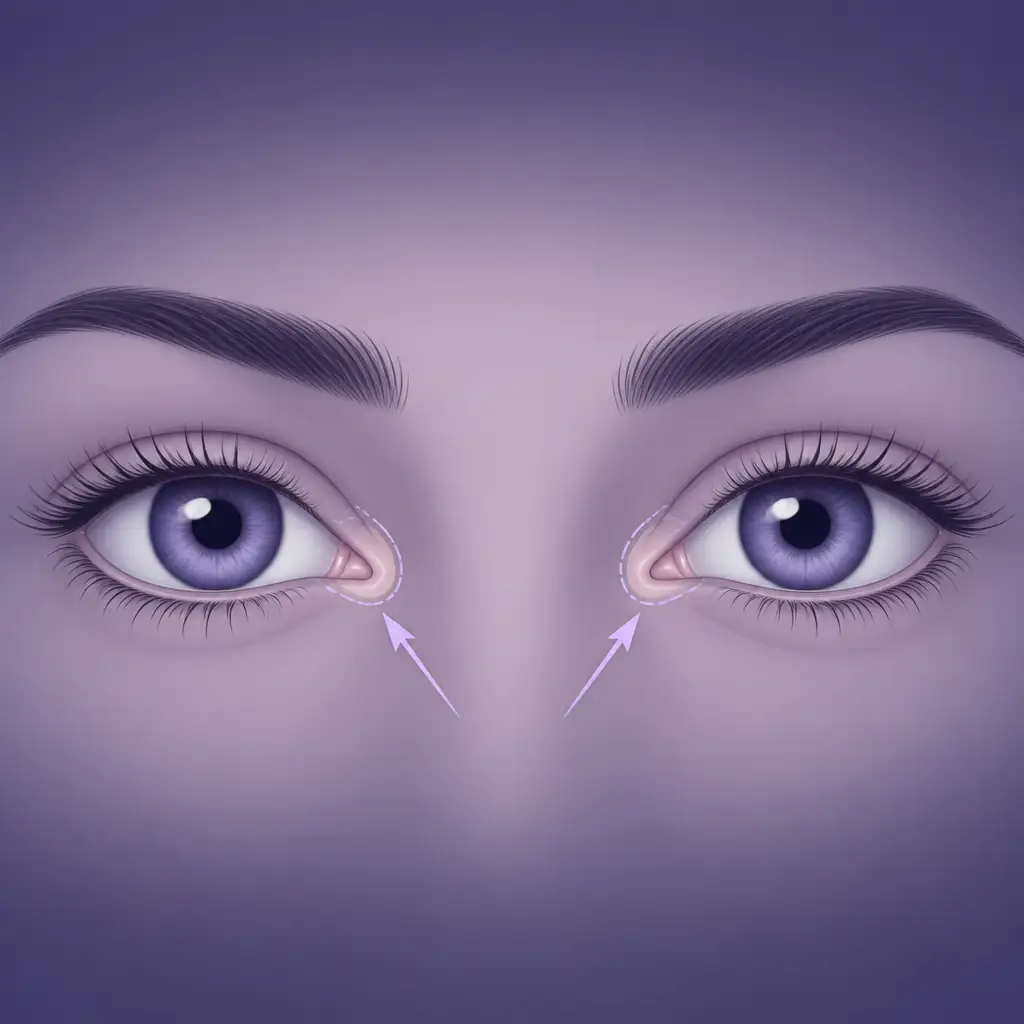 Illustrated close-up of eyes showing the medial canthus position at the inner corners