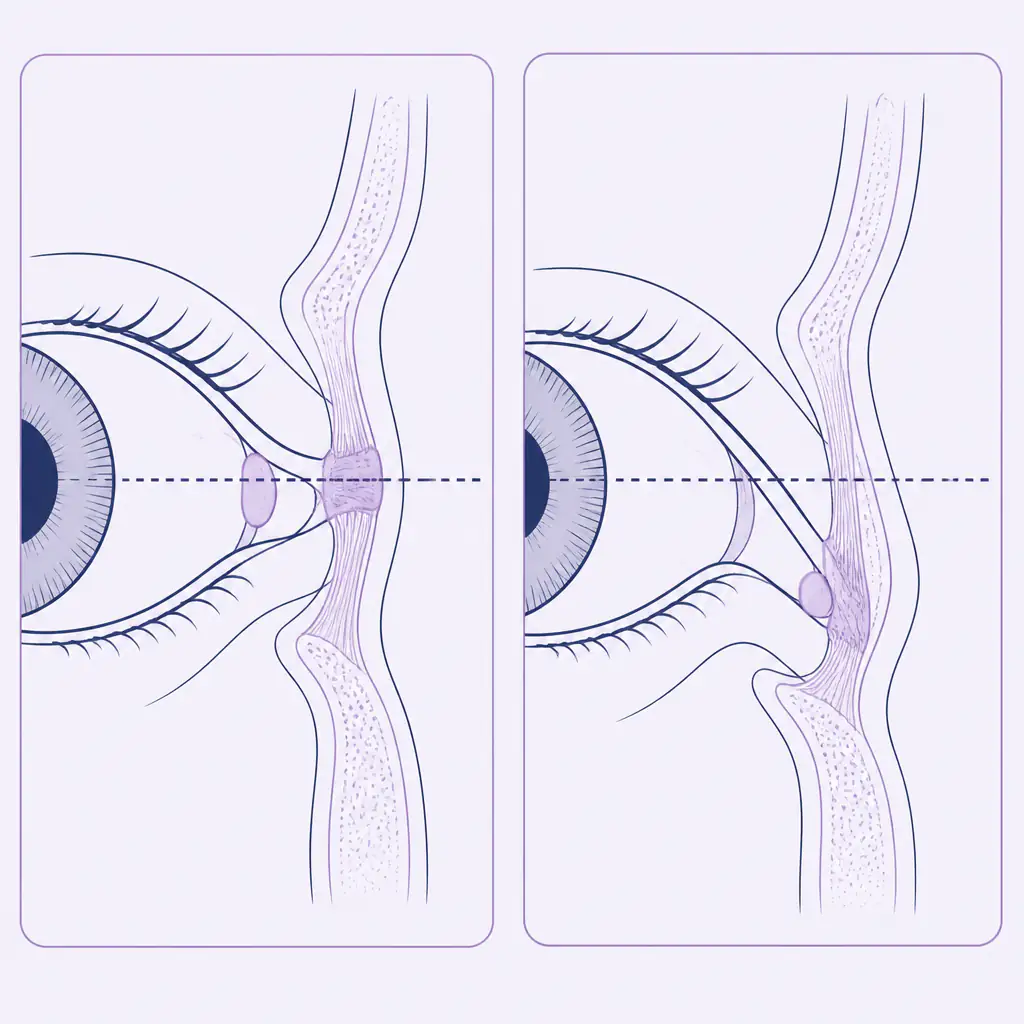 Diagram comparing neutral versus downturned medial canthus anatomy with labeled structures