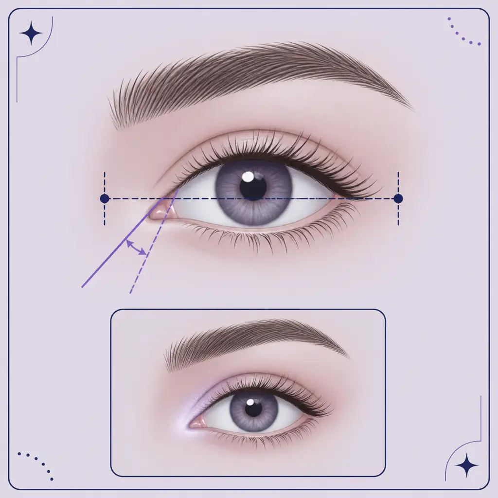 Eye anatomy diagram with canthal tilt measurement lines and inner corner makeup technique illustration