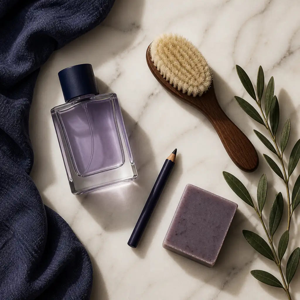 Men's pheromone max grooming essentials laid out on a marble surface