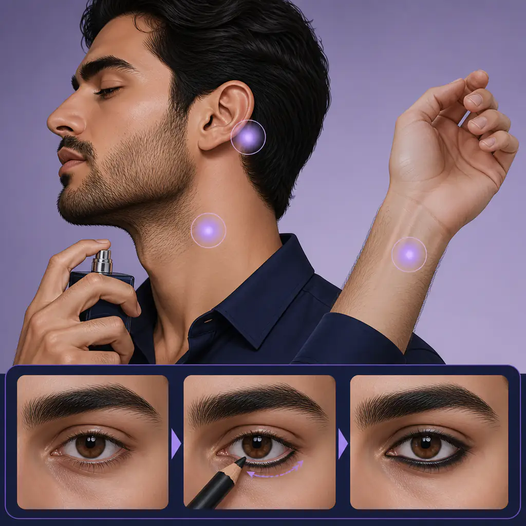 Illustration showing cologne application points and kohl eyeliner technique for men