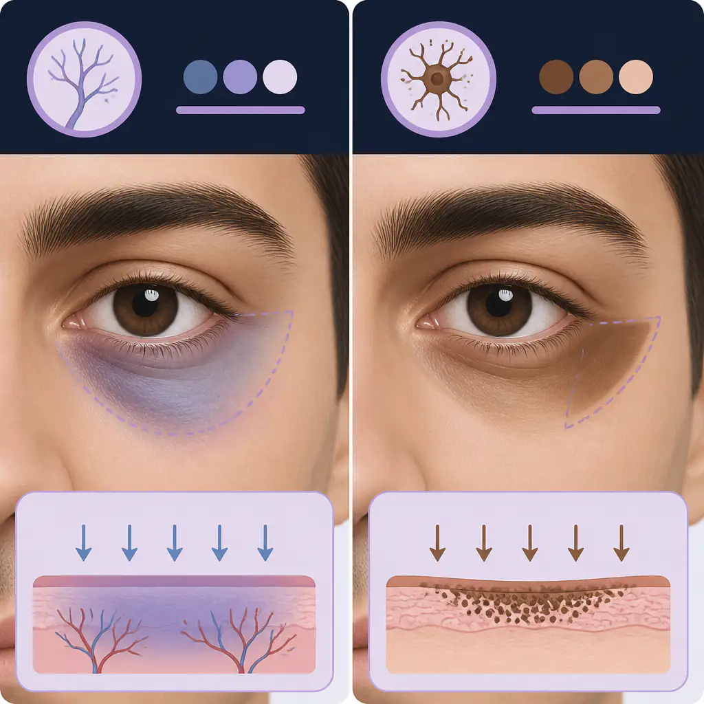 vascular versus melanin hyperpigmentation at outer corner of eye comparison diagram