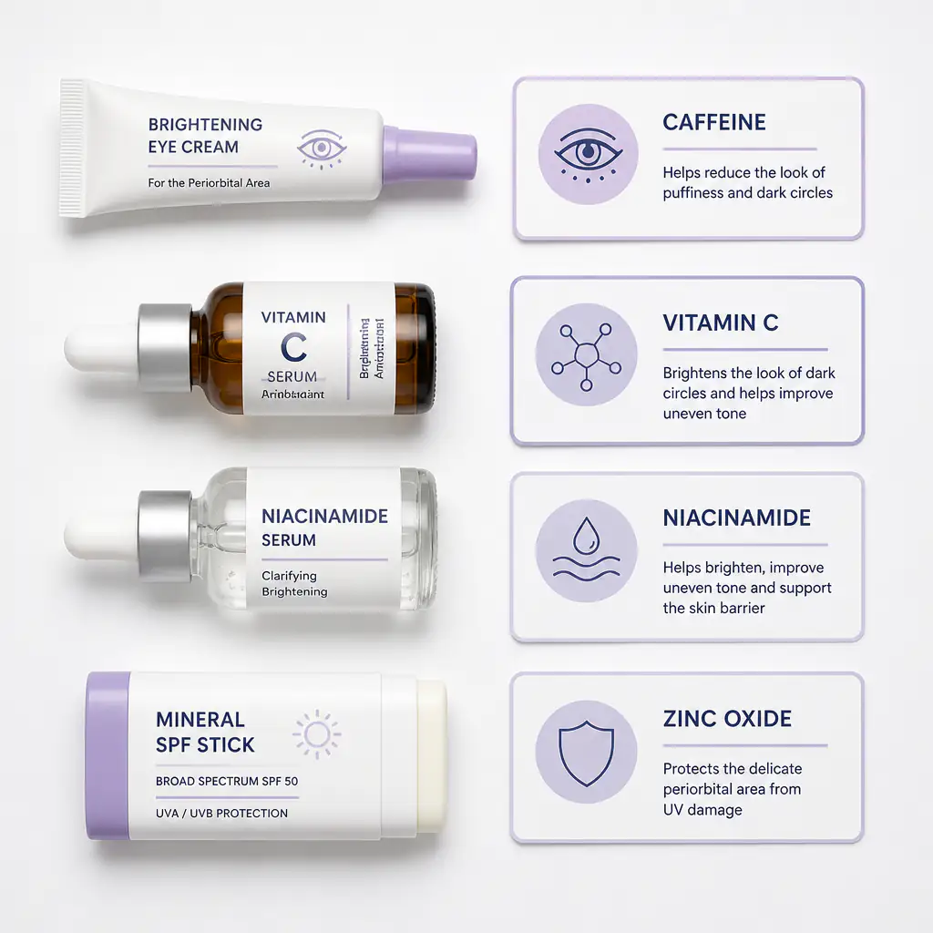 skincare routine products for treating hyperpigmentation outer corner of eye including kojic acid and niacinamide
