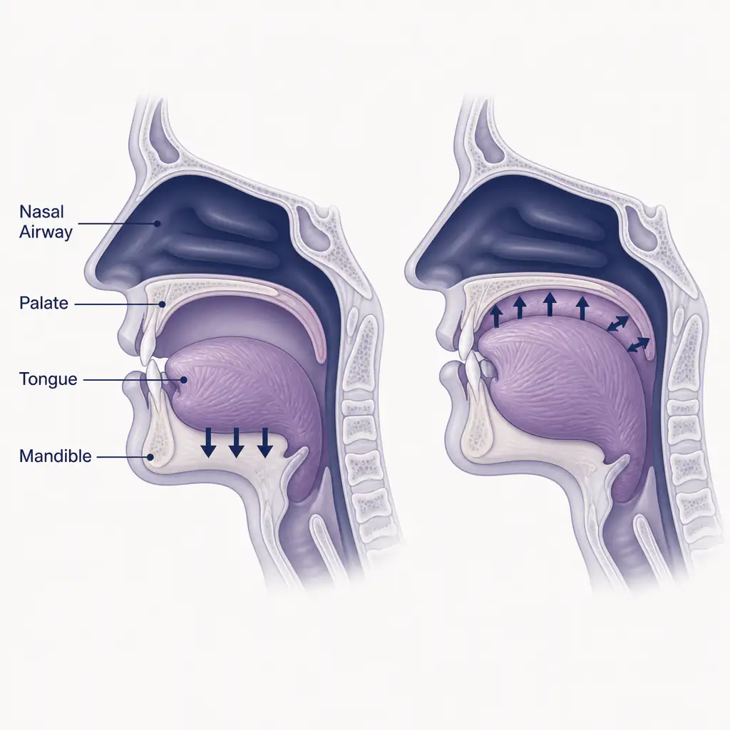 Anatomical diagram comparing incorrect tongue posture versus correct mewing tongue posture against the palate