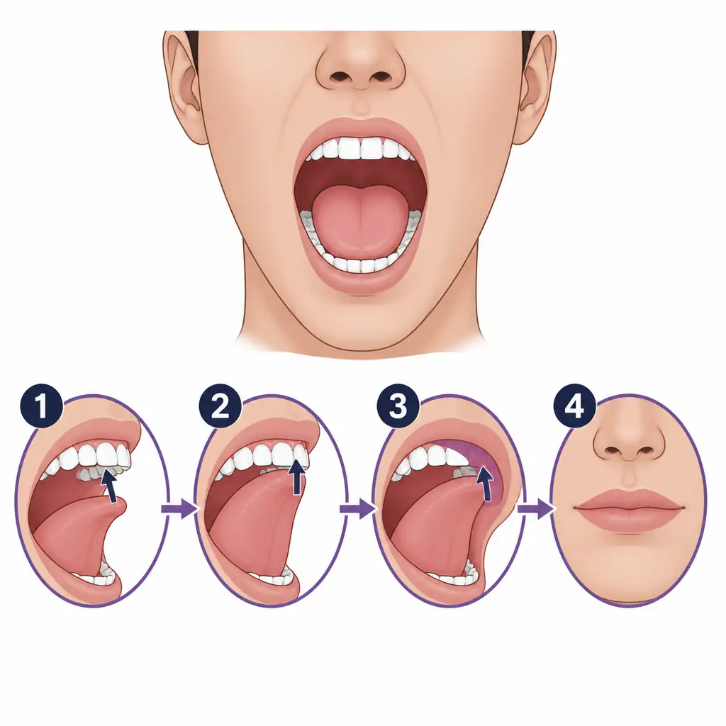 Step-by-step mewing tutorial diagram showing correct tongue placement technique