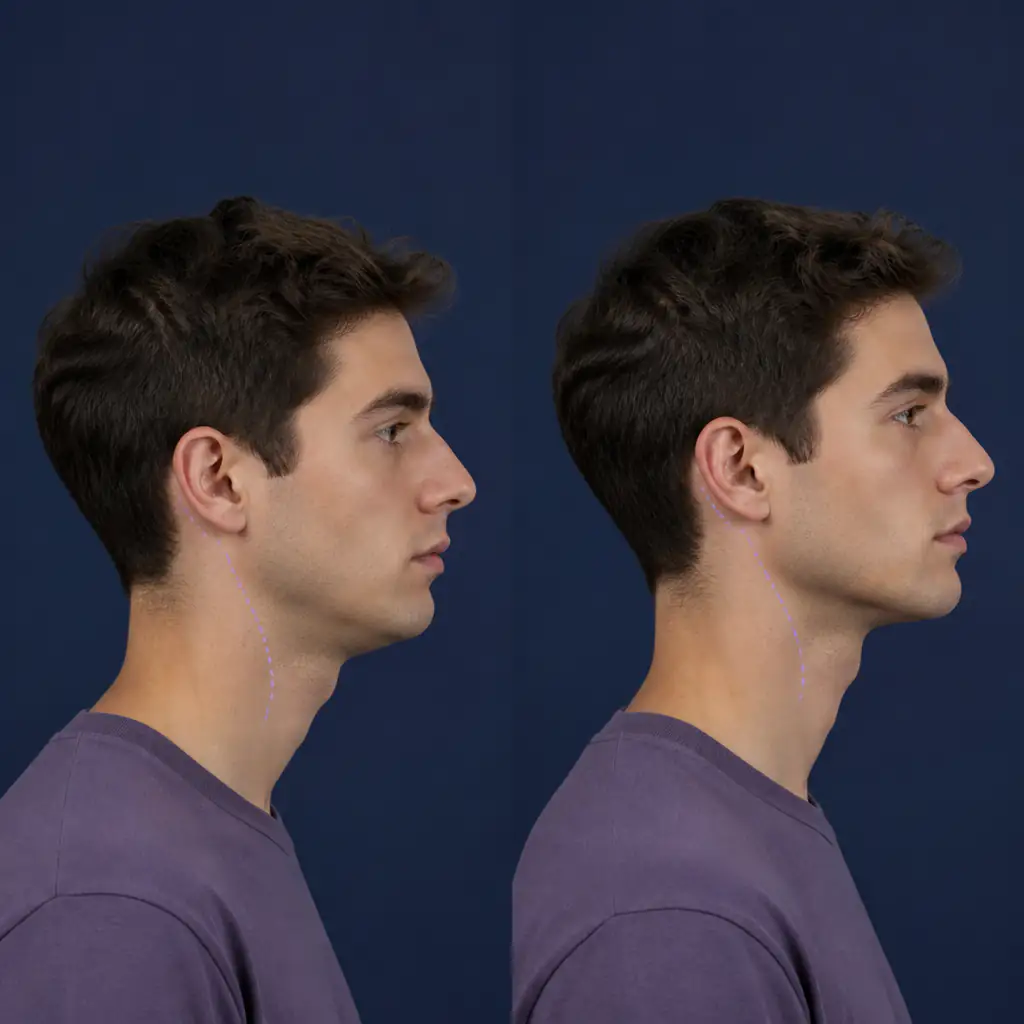 Side profile comparison illustrating the difference in jawline definition with improved posture and mewing practice