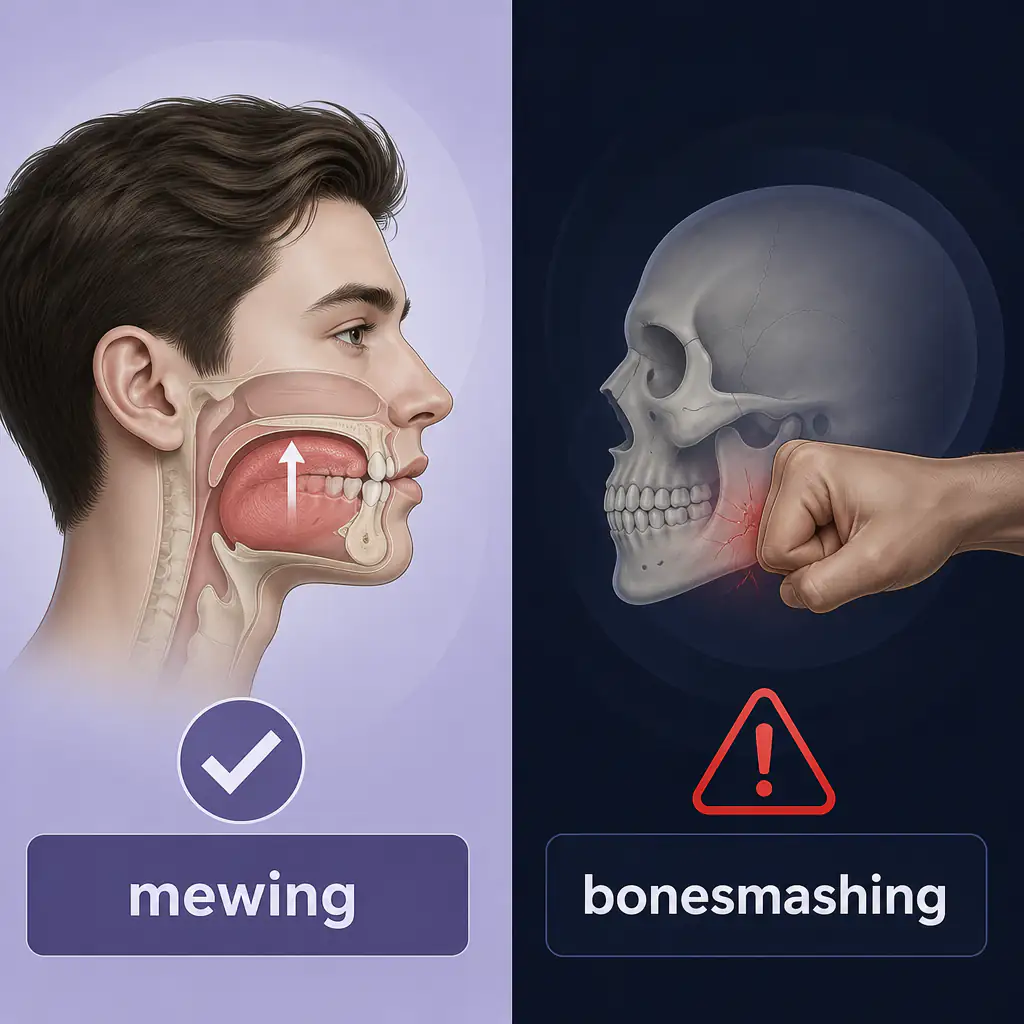 Mewing vs bonesmashing side-by-side comparison diagram
