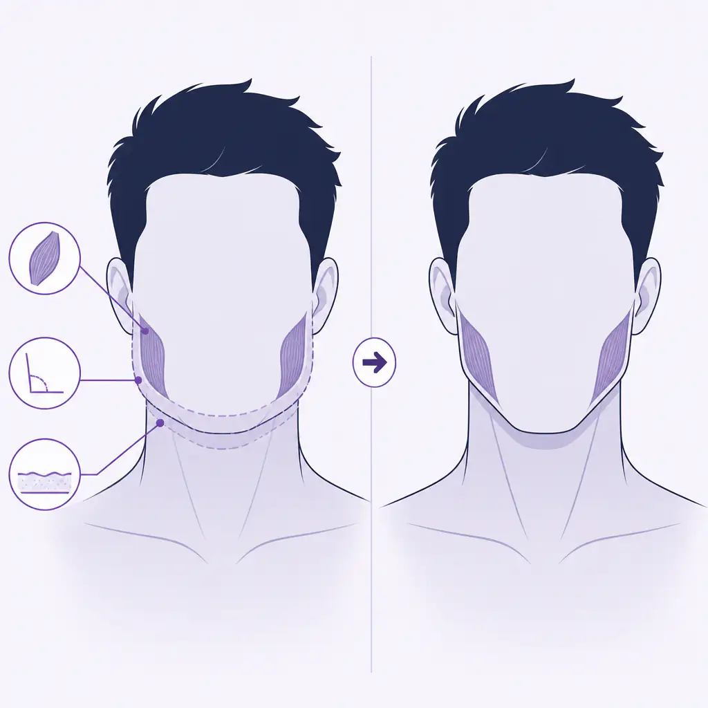 Facial structure improvement factors diagram showing masseter and jawline